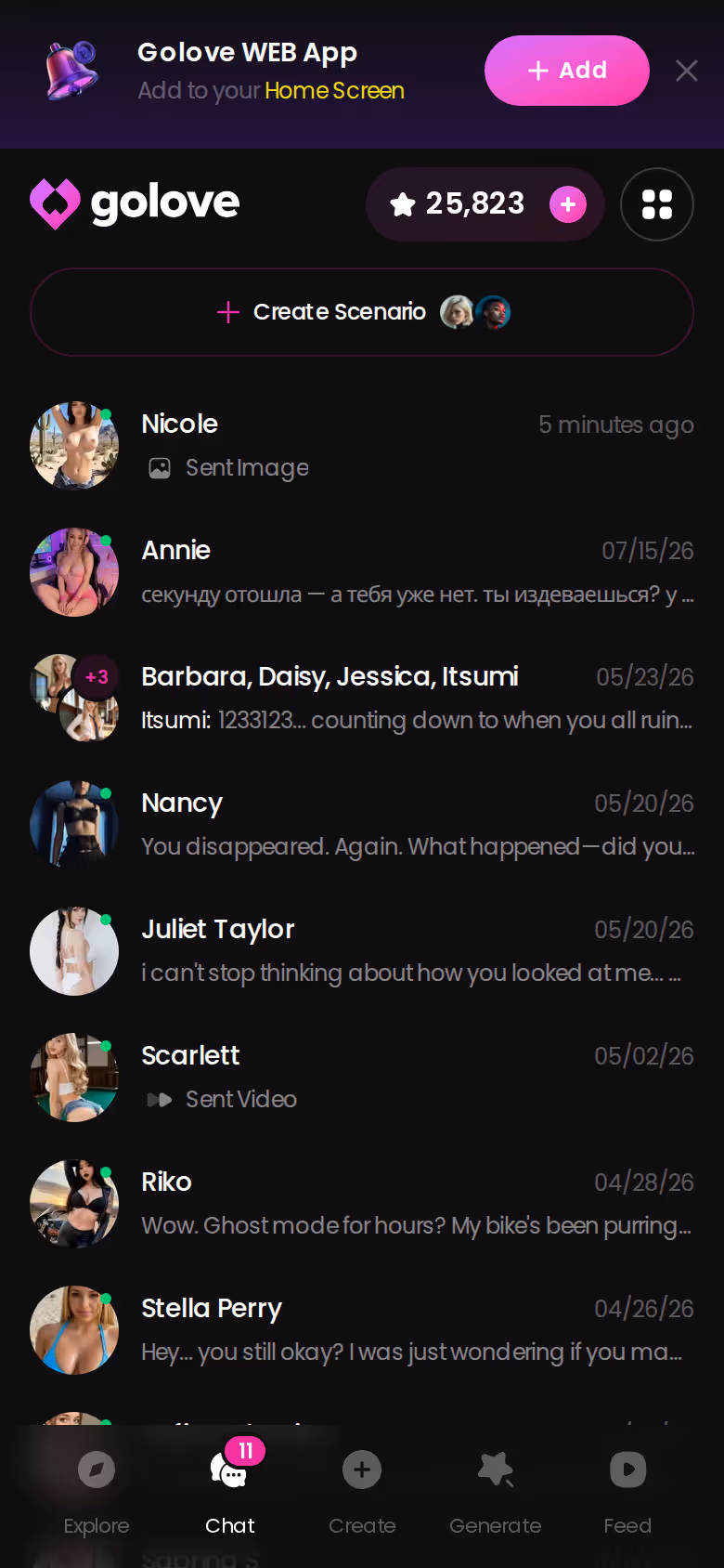 Der GoLove.ai-Chat-Posteingang mit allen Beziehungen in einer Liste