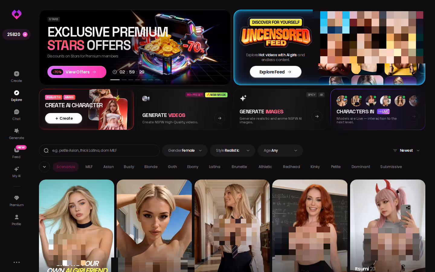 GoLove.ai Explore top — promo banners, tag filters and the character grid — adult ai chat
