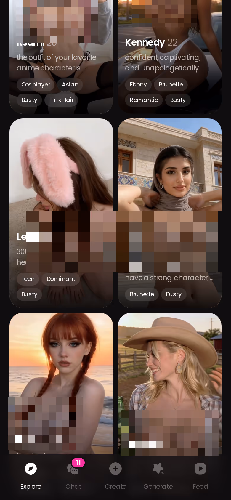Mobile GoLove.ai Explore grid scrolled down — polybuzz ai chat