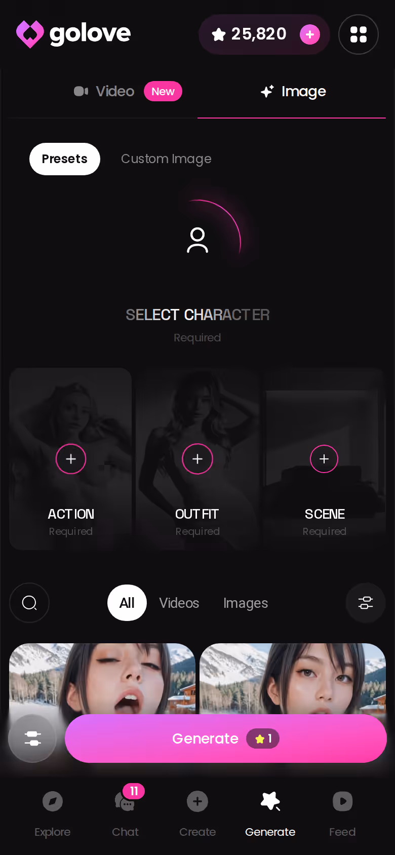 GoLove.ai Bildgenerator im Image-Modus auf dem Handy, Stars werden bei der Generierung eingesetzt