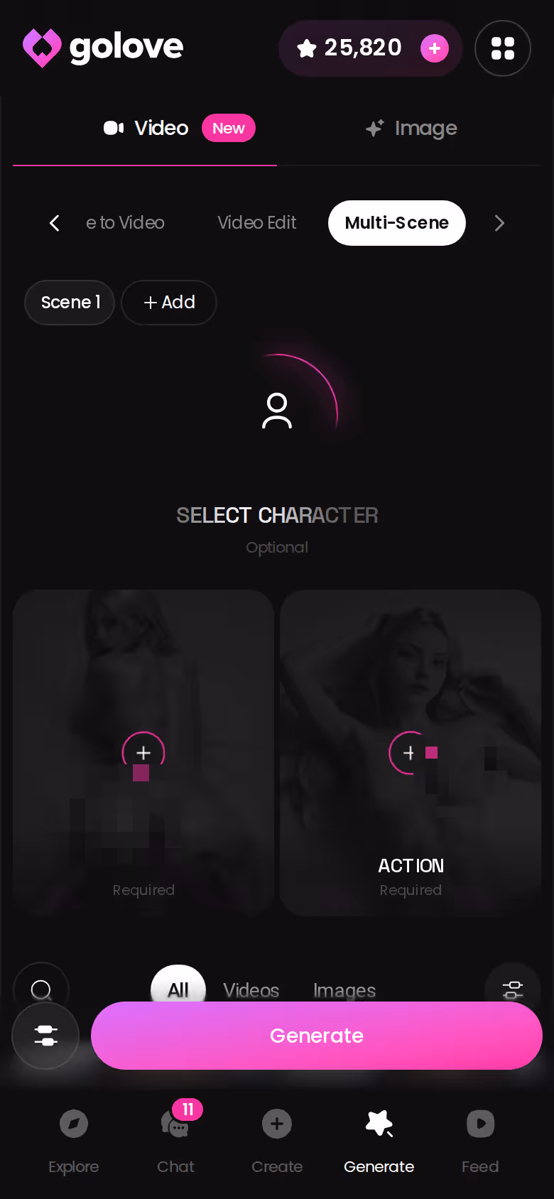 GoLove.ai Video-Generator im Multi-Szene-Modus auf dem Smartphone
