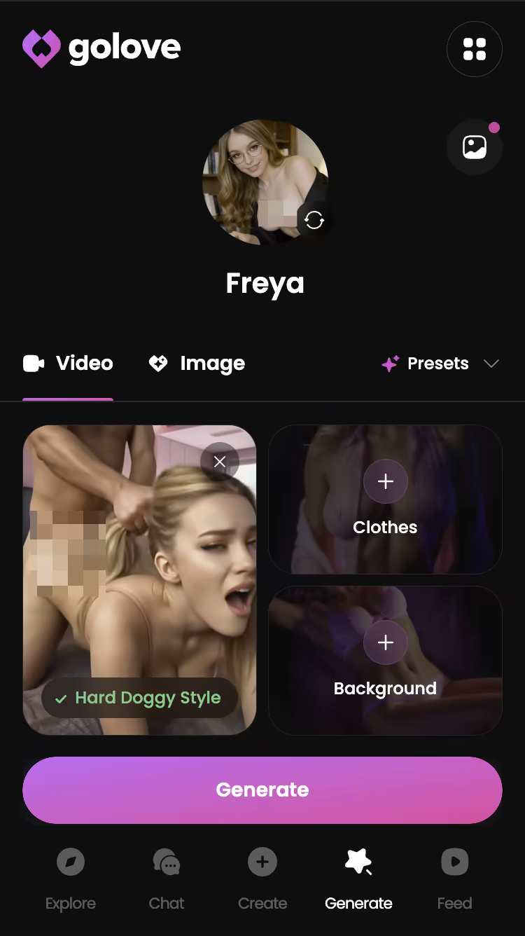 Explicit action preset selected in the GoLove.ai video generator — sexting ki